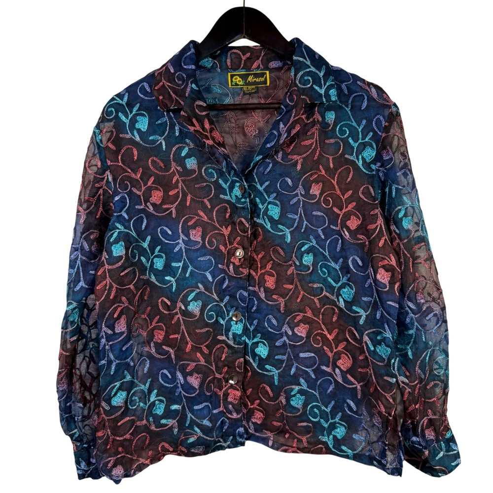 Mirasol Silk Blend Embroidered Sheer Blouse Womens Small Tie Dye Floral Boho Top